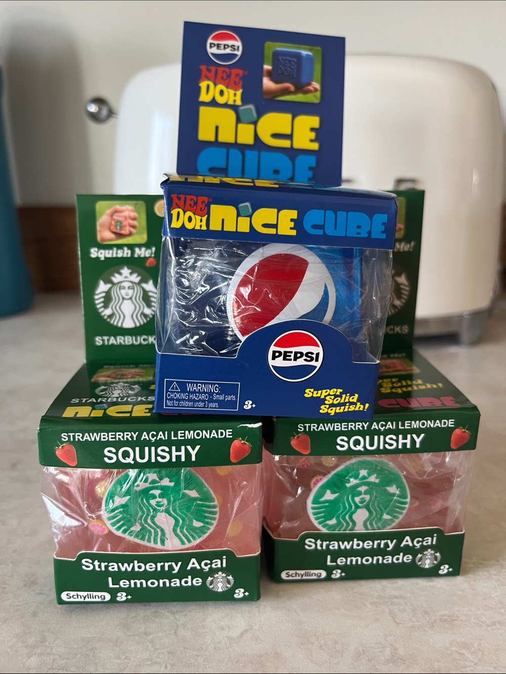 Schylling 3 NeeDoh Nice Cube Bundle Starbucks Pepsi Stress Ball Fidget Toy